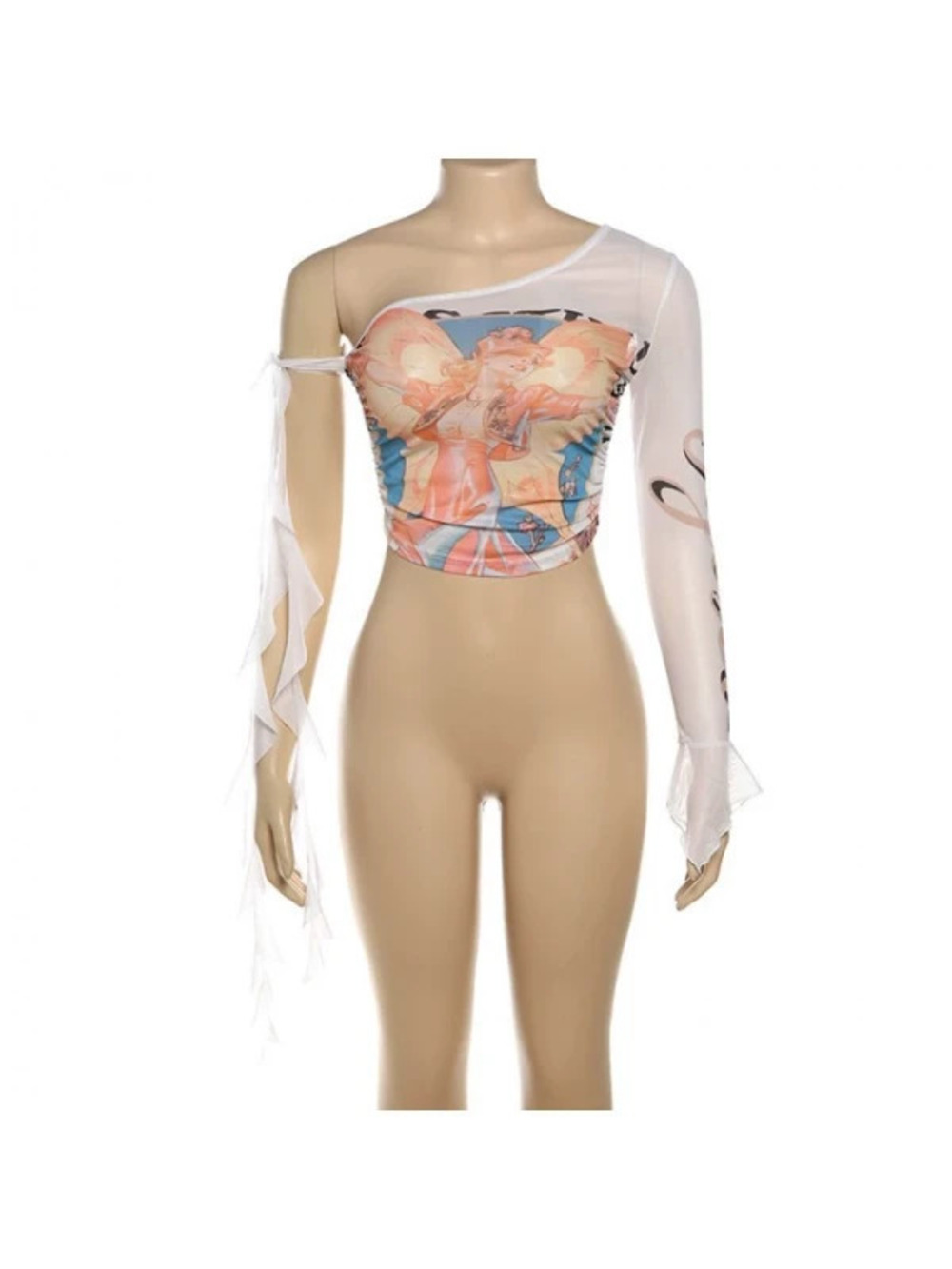 H&M Womens Summer Digital Print High Waist Crop Top One Shoulder Street Style